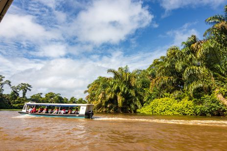 Touristenboot fährt durch die Wasserkanäle des Tortuguero-Nationalparks in Costa Rica