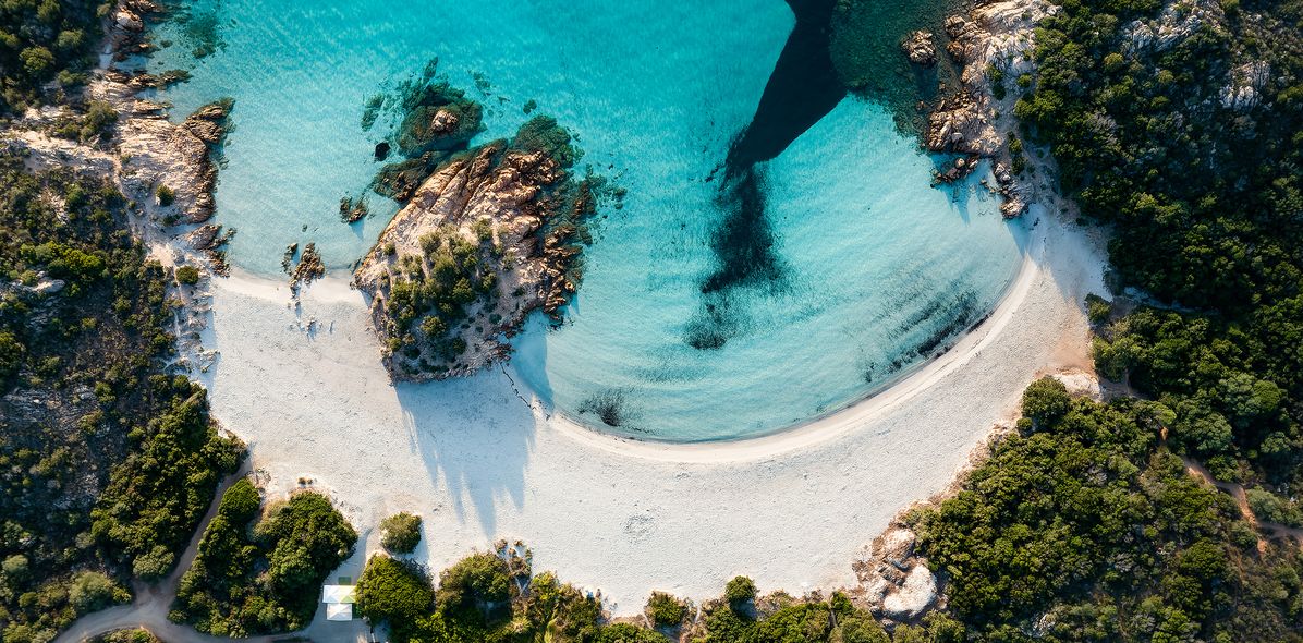 Strand, Meer mit Wald in Luftaufnahme - Küstenabschnitt von Sardinien