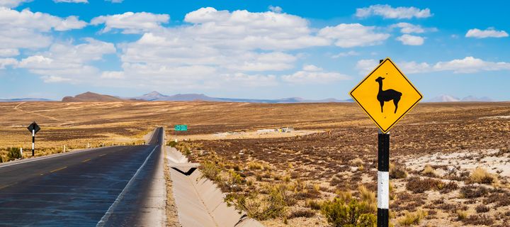 Leere Wüstenstraße bei Arequipa mit Verkehrsschild und weiter Hochlandschaft