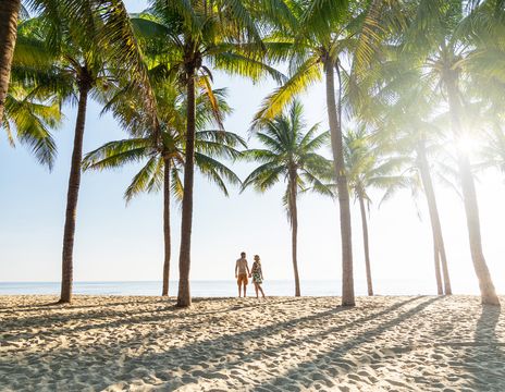 Ein Paar steht weiter weg am Strand unter Palmen und schaut sich an