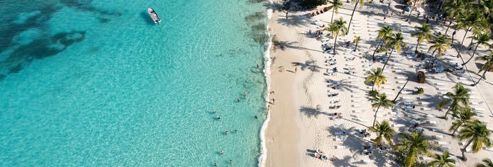 Blick auf türkisblauen Karibikstrand mit Palmen und weißem Sand