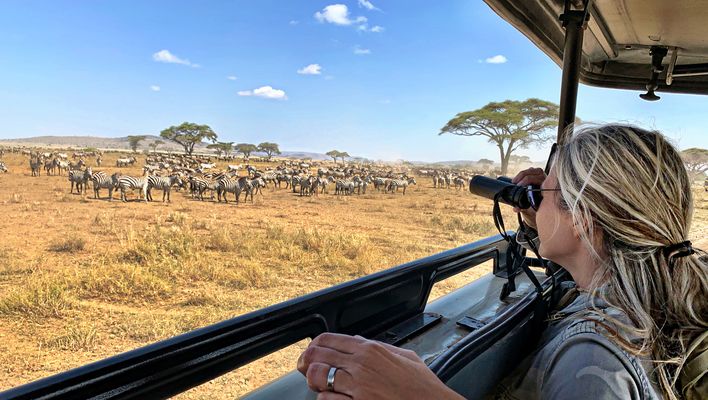 Frau beobachtet während einer Safari im offenen Geländewagen die Tierwelt der Serengeti