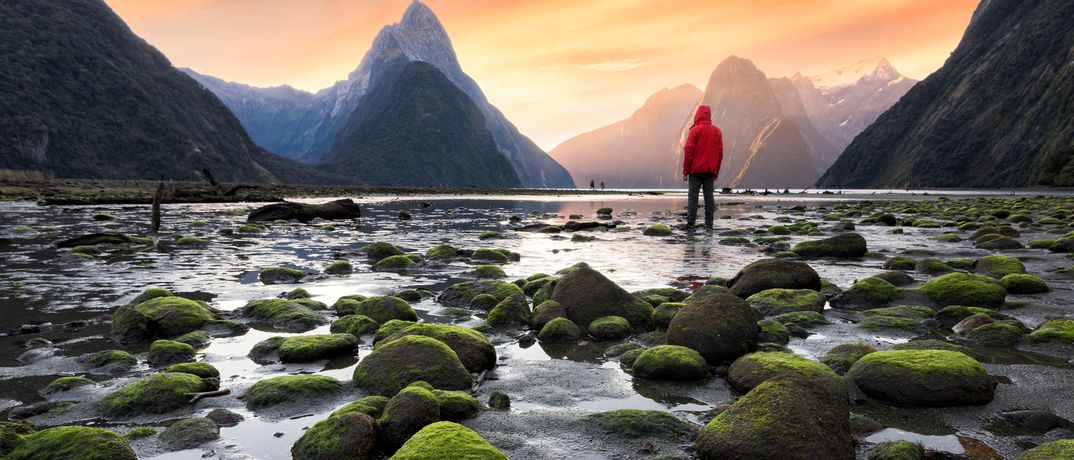 Ein Mann im Milford Sound, Neuseeland