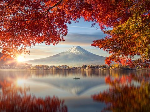 Fuji-Berg mit Morgennebel und roten Blättern am Kawaguchiko-See