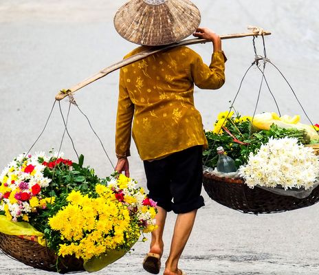Frau trägt Blumenkörbe in Vietnam