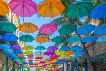 Straße mit Regenschirmen in Port Louis 