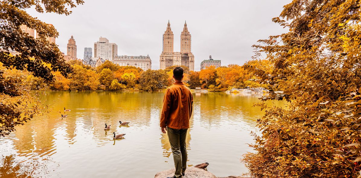 Ein Mann steht im Herbst im Central Park in New York City und genießt den Ausblick