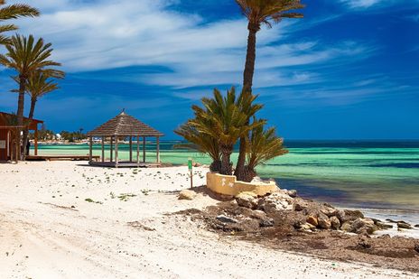 Ein weißer Strand mit Palmen und Blick aufs Meer auf der Insel Djerba, Tunesien