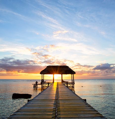 Mauritius Strand Steg Sonnenuntergang