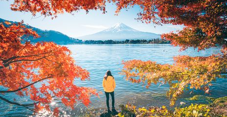 Frau mit einer gelben Regenjacke genießt im Herbst am Lake Kawaguchi den Ausblick auf den Mount Fuji