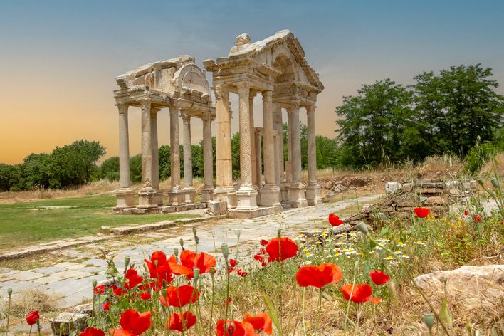 Antike Tempelruinen von Aphrodisias mit Säulenresten und blühenden Mohnblumen
