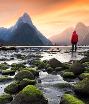 Mann am Milford Sound in Neuseeland