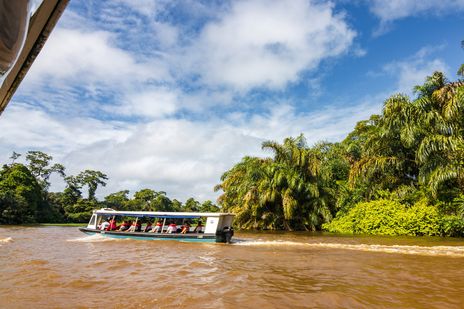 Touristenboot fährt durch die Wasserkanäle des Tortuguero-Nationalparks in Costa Rica