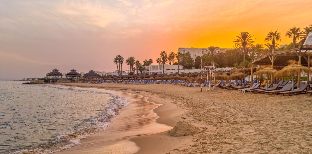 Strand von Hammamet in Tunesien mit Palmen bei Sonnenaufgang