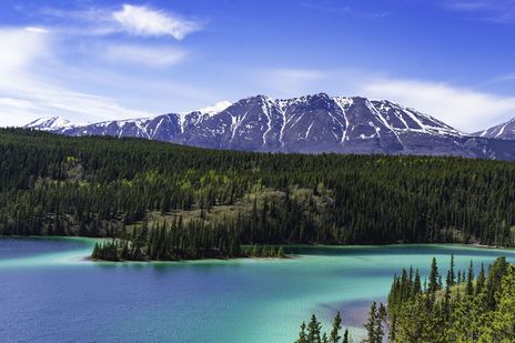 Türkisfarbener See bei Skagway mit Wäldern und Bergen