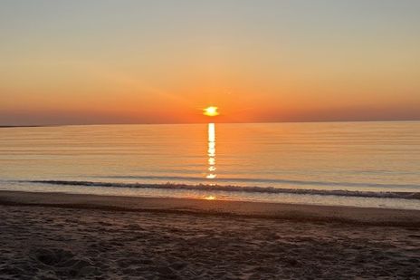 Roter Himmel bei Sonnenuntergang am Nordseestrand in der Provinz Zeeland