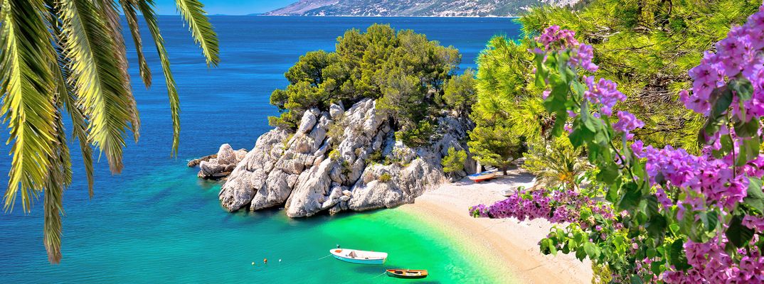 Blick auf den Strand Punta Rata in Brela umgeben von Pinien
