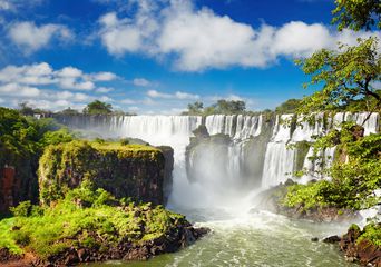 Iguazú-Wasserfälle mit dichter Vegetation und mächtigen Kaskaden