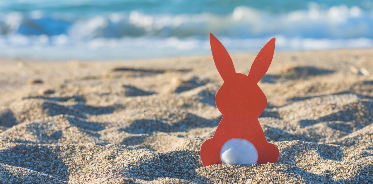 Osterhase am Strand mit Blick aufs Meer