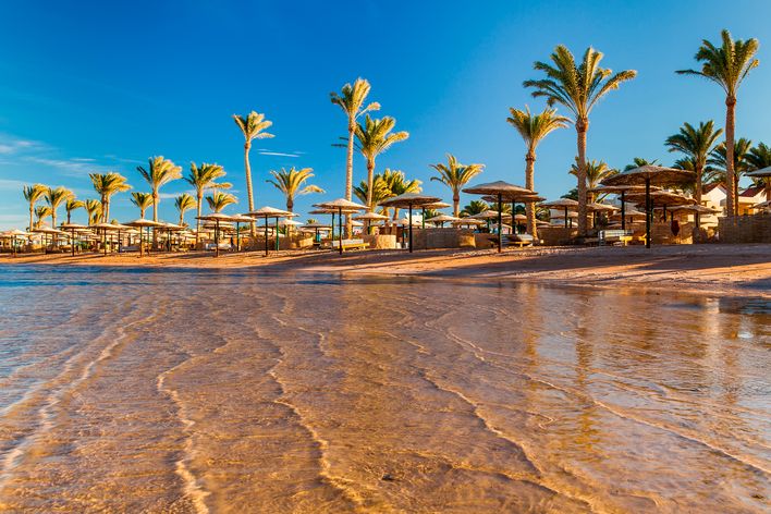 Sand und Palmen am Strand von Hurghada in Ägypten