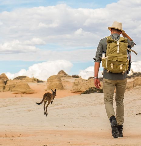 Mann spaziert durch das Outback Australiens umgeben von Kängurus