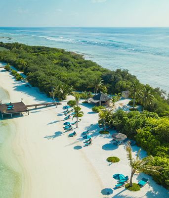 Luftaufnahme einer tropischen Malediven-Insel mit Strand, Lagune und Palmen