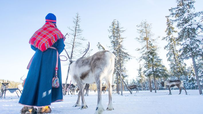 Sami-Frau mit Elch in Schweden