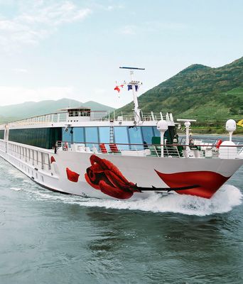 A-ROSA Schiff Viva auf einem Fluss zwischen Bergen