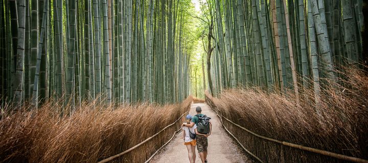 Paar spaziert gemeinsam durch den Bambuswald in Kyoto, Japan