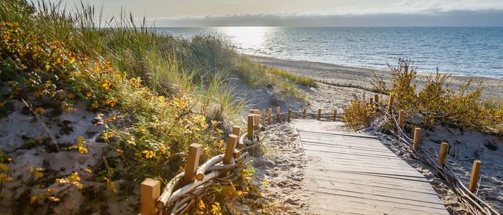 Blick über einen von Dünen gesäumten Steg auf das Meer von Palanga in Litauen