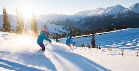 Zwei Skifahrer bei der Abfahrt auf schneebedeckter Piste mit Bergen und Wald im Hintergrund