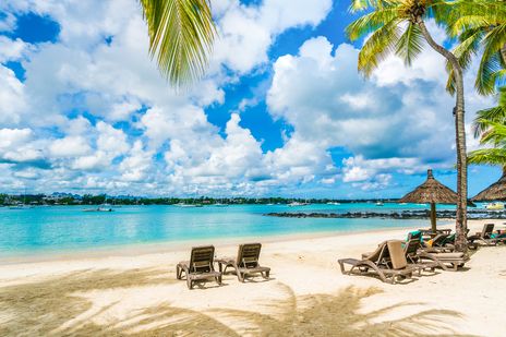 Sonnenliegen und Palmen am Strand von Grand Baie auf Mauritius