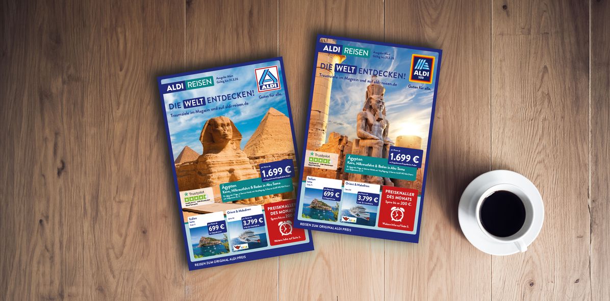ALDI-Reisemagazin Titelblätter der Ausgabe Nord & Süd März 2026 auf Holztisch liegend