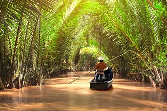 Blick auf ein Boot in Vietnam was durch einen Fluss fährt