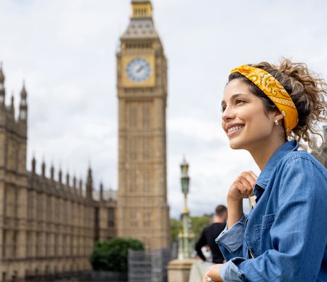Frau vor dem Big Ben und den Houses of Parliament in London