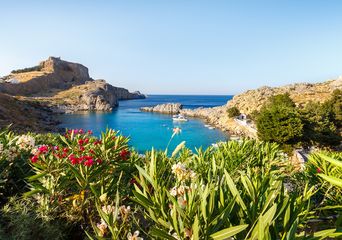 Blick über eine wilde Blumenpracht auf die felsige Bucht von Lindos auf Rhodos in Griechenland mit Booten aufs Meer