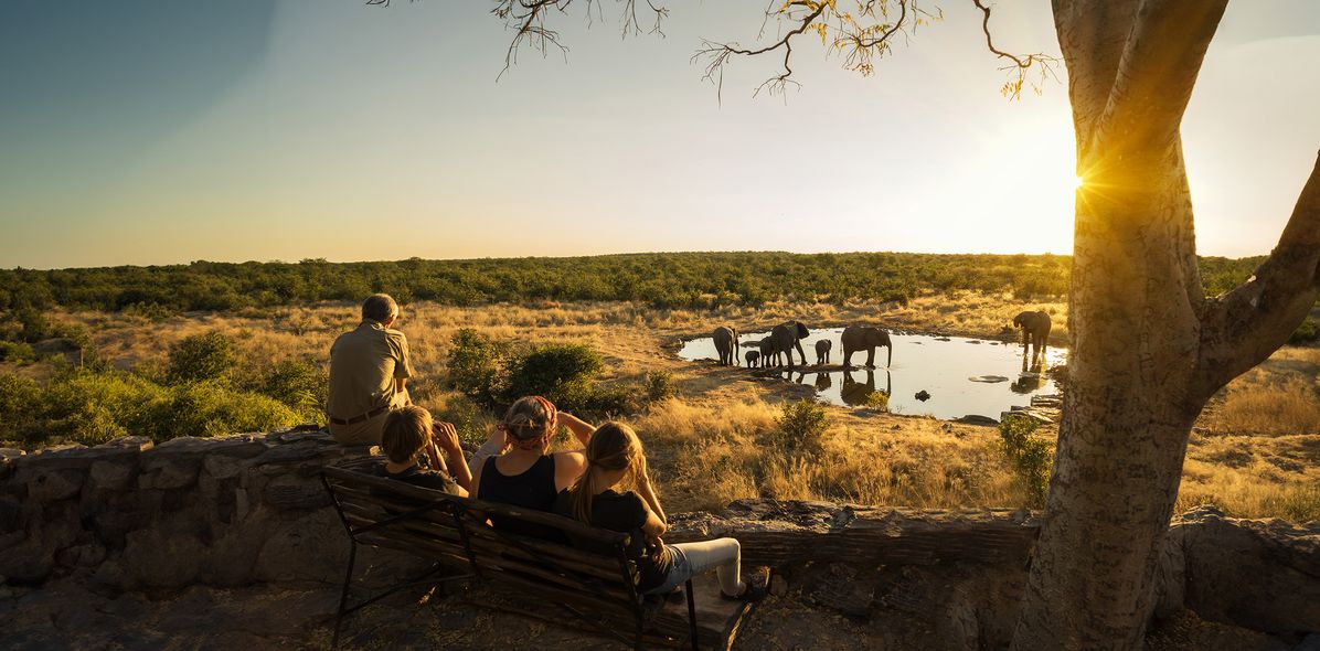 Eine Familie im Etosha Nationalpark beobachtet Elefanten an einem Wasserloch 