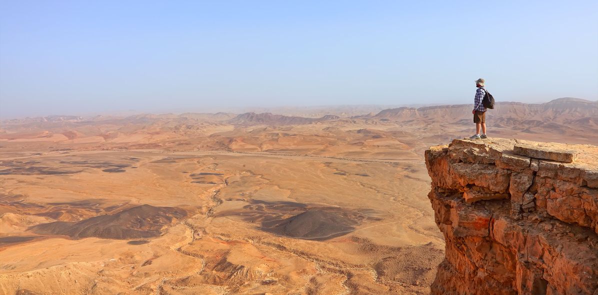 Mann auf Felsen in der Negev Wüste in Israel