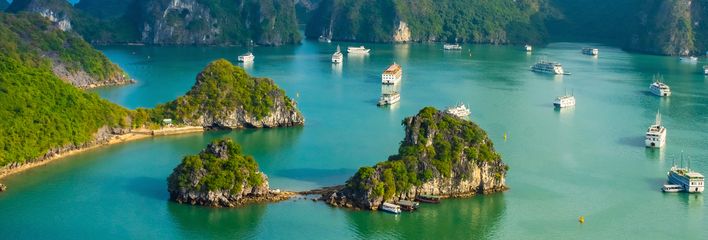 Blick auf die Halong-Bucht im Norden Vietnams mit Kalksteinfelsen und Booten