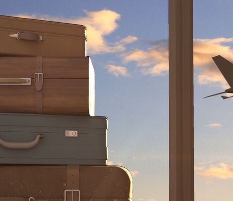 Reisekoffer am Flughafen im Hintergrund Flugzeug im Abflug