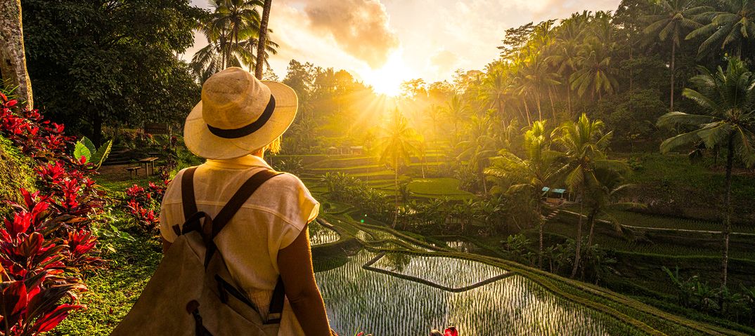 Frau mit einem Sonnenhut steht vor einem Reisfeld auf Bali und genießt den Ausblick