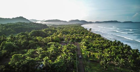 Luftaufnahme der grünen Küstenlandschaft von Costa Rica mit dichtem Regenwald und Meer