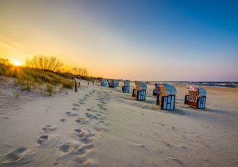 Sandstrand mit Strandkörben auf der Insel Usedom bei Sonnenaufgang