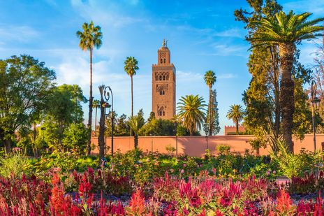 Blumenpracht in Marrakesch um eine Moschee herrum