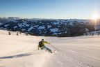 Skifahrer von hinten bei rasanter Abfahrt auf sonnenbestrahlter Piste