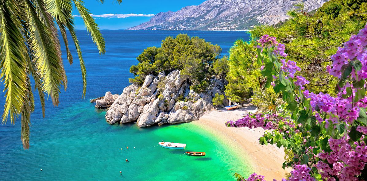 Blick auf den Strand Punta Rata in Brela umgeben von Pinien