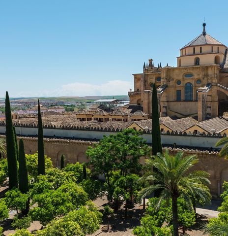 Historischer Innenhof der Mezquita in Córdoba mit Palmen und Blick auf das imposante Bauwerk