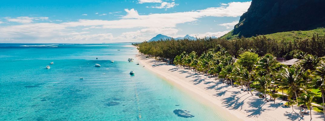 Paradiesischer Palmenstrand mit türkisfarbenem Wasser auf Mauritius