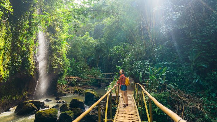 Frau auf einer Brücke am Wanagiri Wasserfall auf Bali