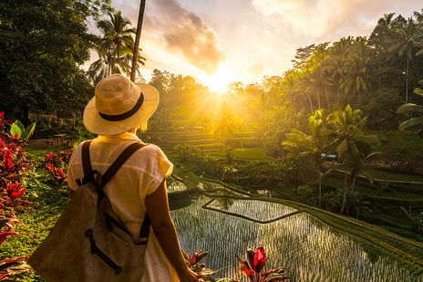 Frau mit einem Sonnenhut steht vor einem Reisfeld auf Bali und genießt den Ausblick